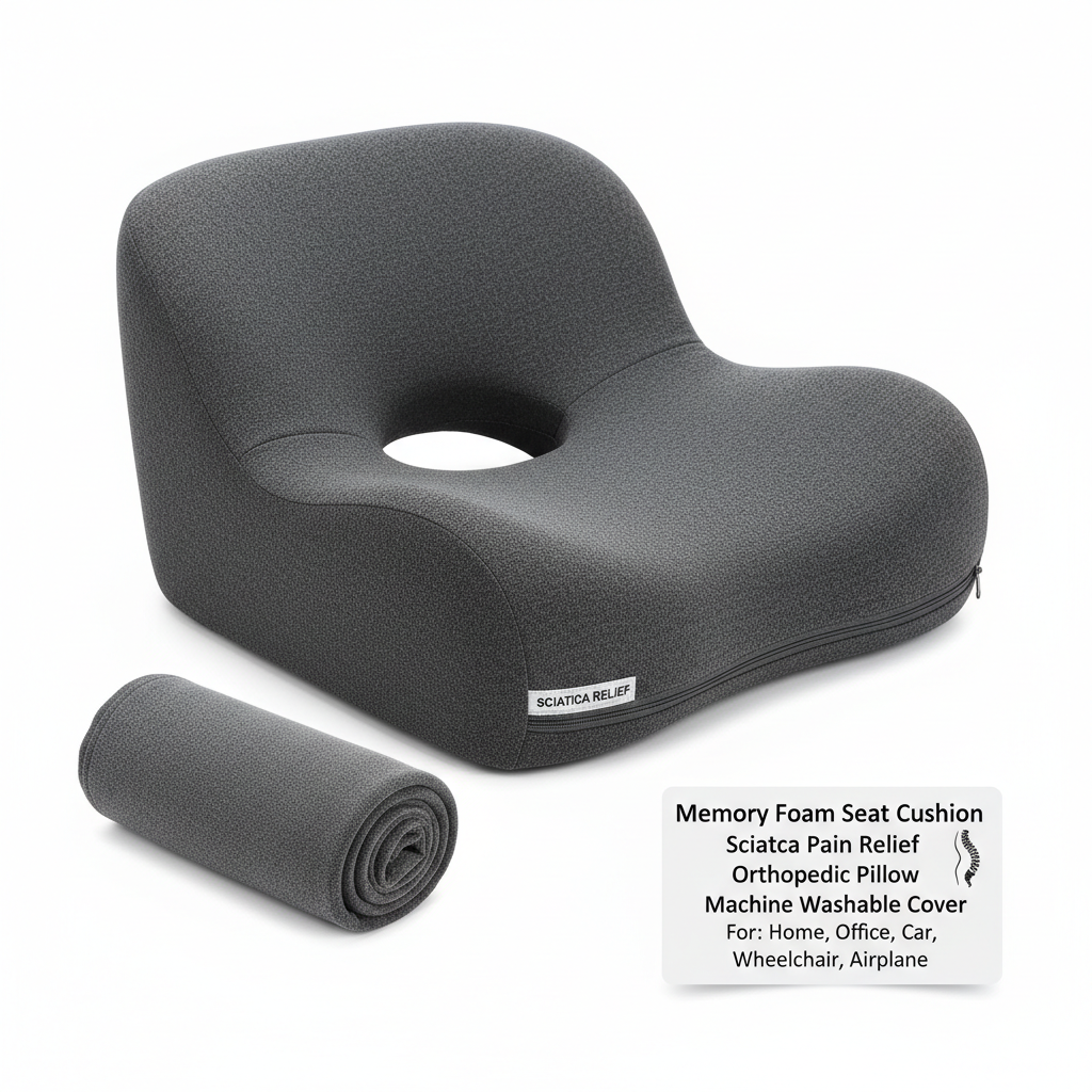 Memory Foam Seat Cushion Sciatica Pain Relief Cushion Pillow Seat Cushion with Machine Washable Cover for Home Office Car Wheelchair Airplane