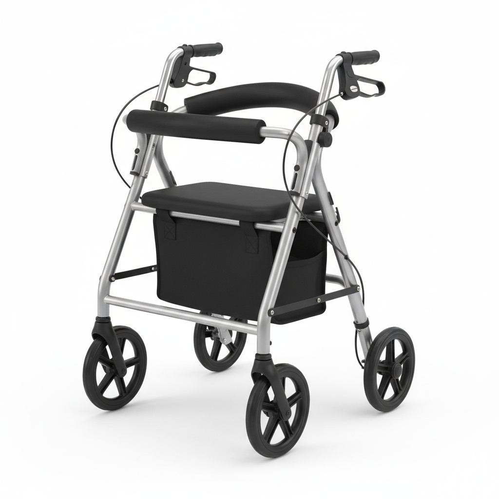 Senior Rollator Walker, Aluminum, Black, with Seat, Backrest, Adjustable Handle Height, and Storage Bag