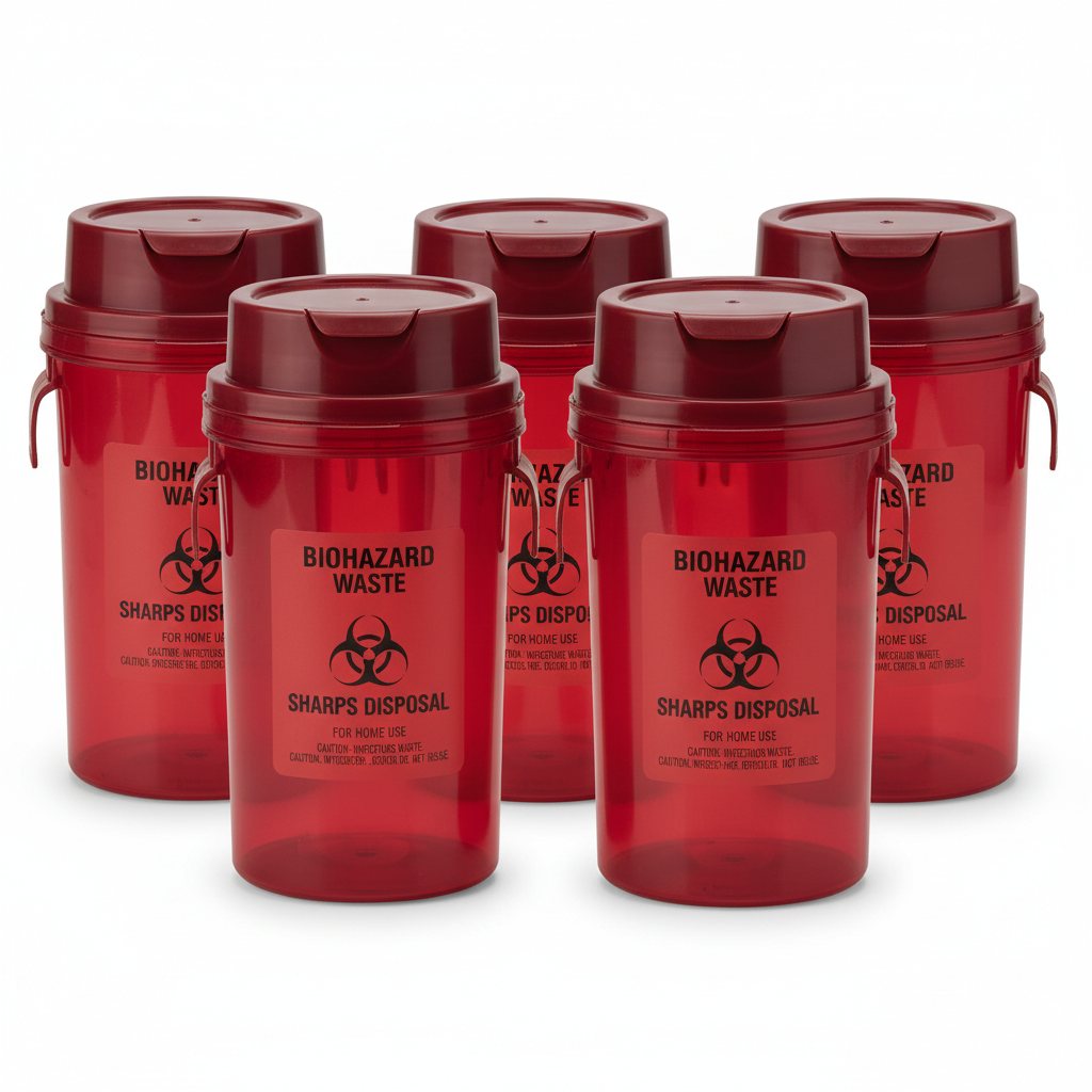 Translucent Red Sharps Container for Home Use, 1.25 Gallons. Pack of 5 Plastic Needle Disposal Containers. Biohazard Containers. Medical Sharps Containers for Home Use